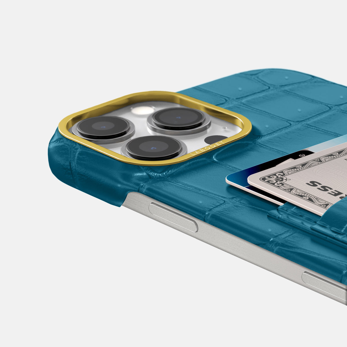 Duck Blue iPhone 16 Pro Max Double Card Case Porosus Crocodile with Gold Metal -5 | Duck-Blue-Gold
