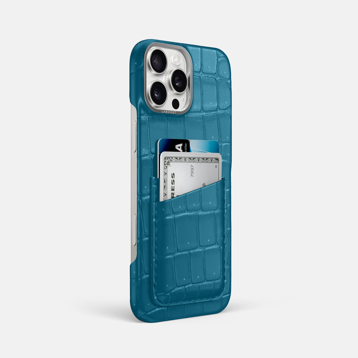 Duck Blue iPhone 16 Pro Max Double Card Case Porosus Crocodile with Steel Metal -2 | Duck-Blue-Steel