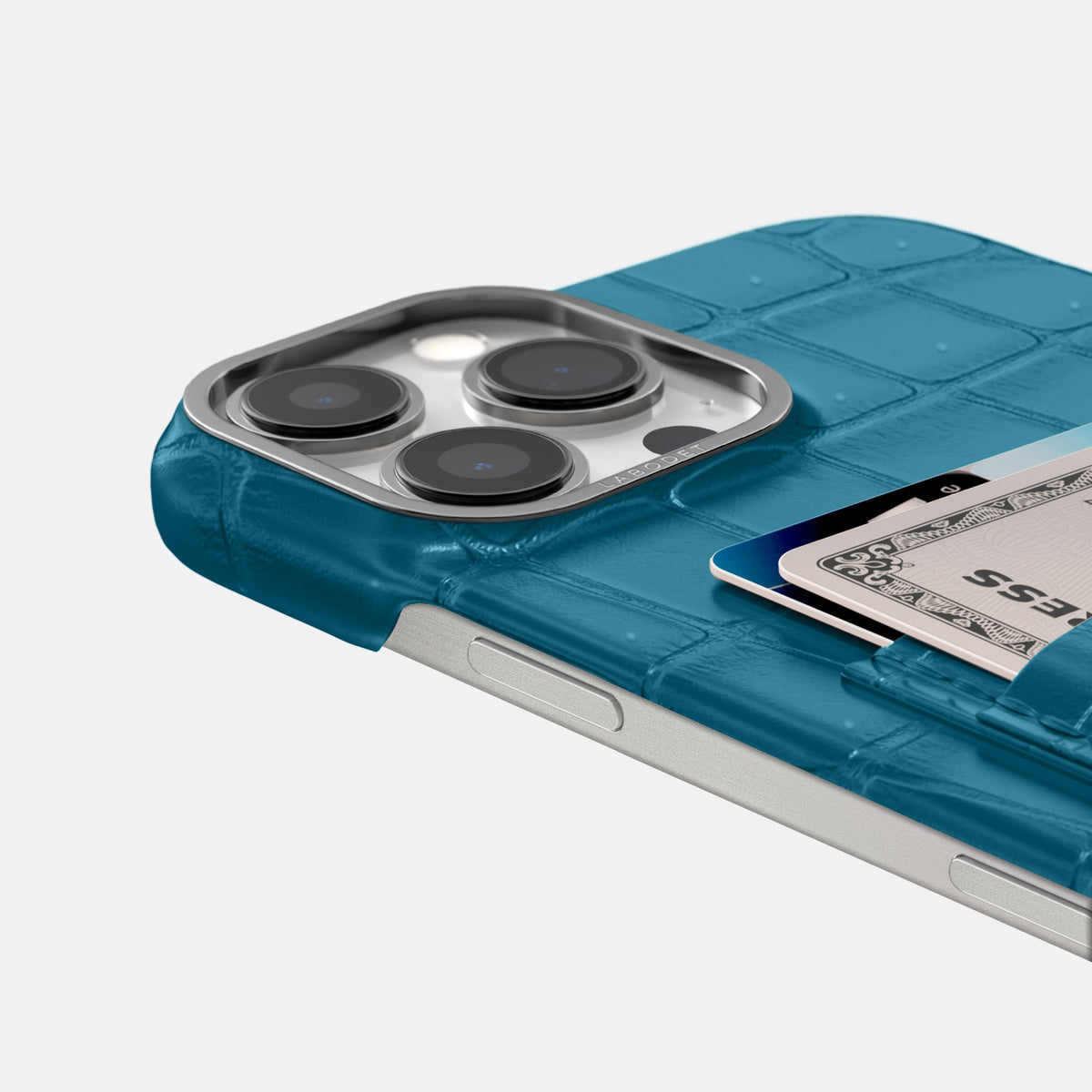 Duck Blue iPhone 16 Pro Max Double Card Case Porosus Crocodile with Steel Metal -5 | Duck-Blue-Steel