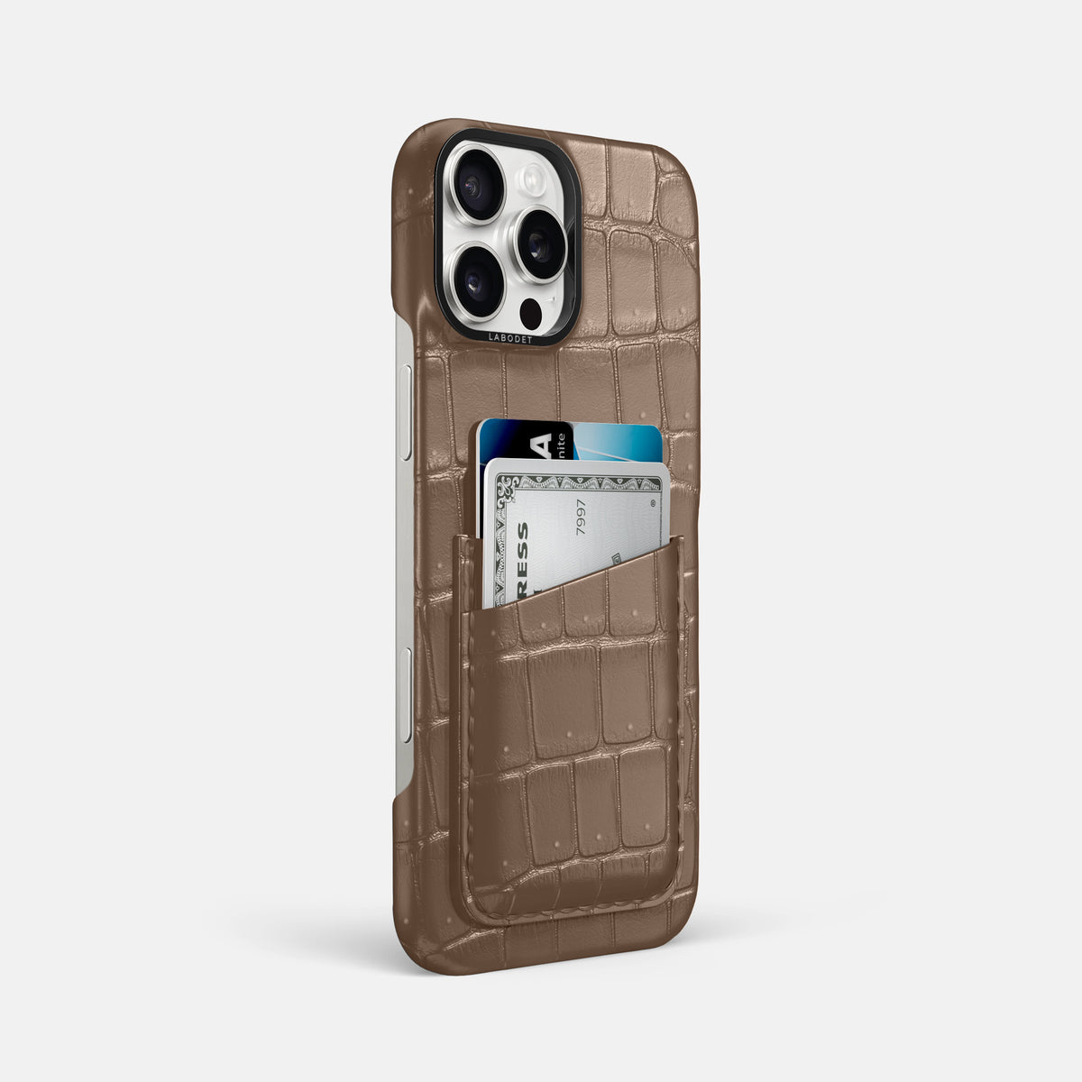 Fur-Brown iPhone 16 Pro Max Double Card Case Porosus Crocodile with Black Metal -2 | Fur-Brown-Black