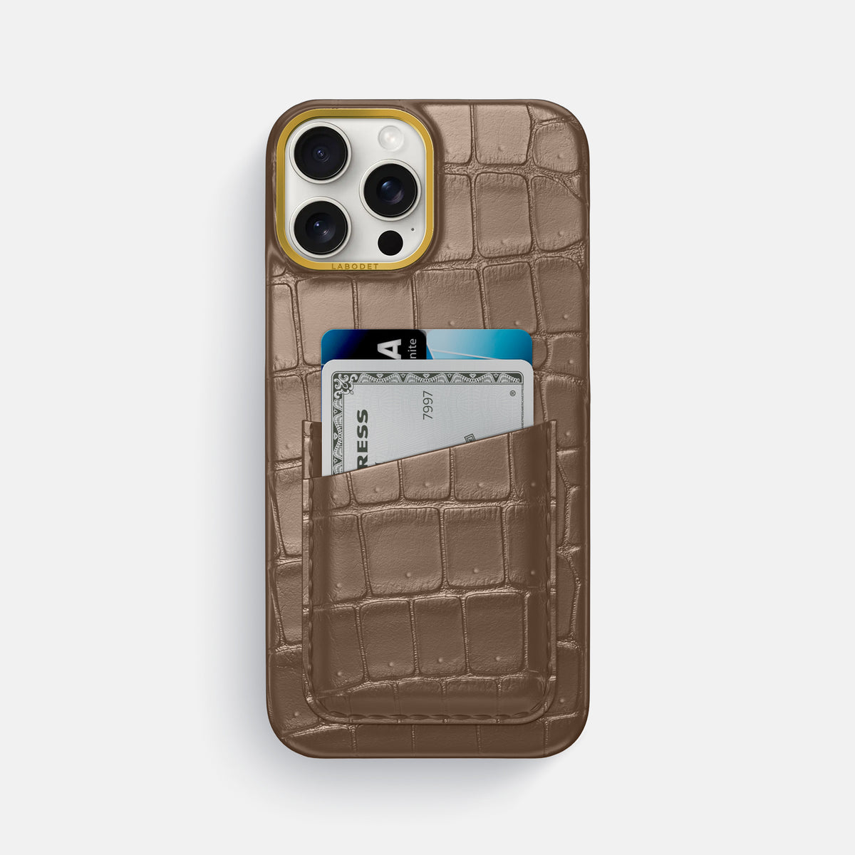 Fur-Brown iPhone 16 Pro Max Double Card Case Porosus Crocodile with Gold Metal -1 | Fur-Brown-Gold