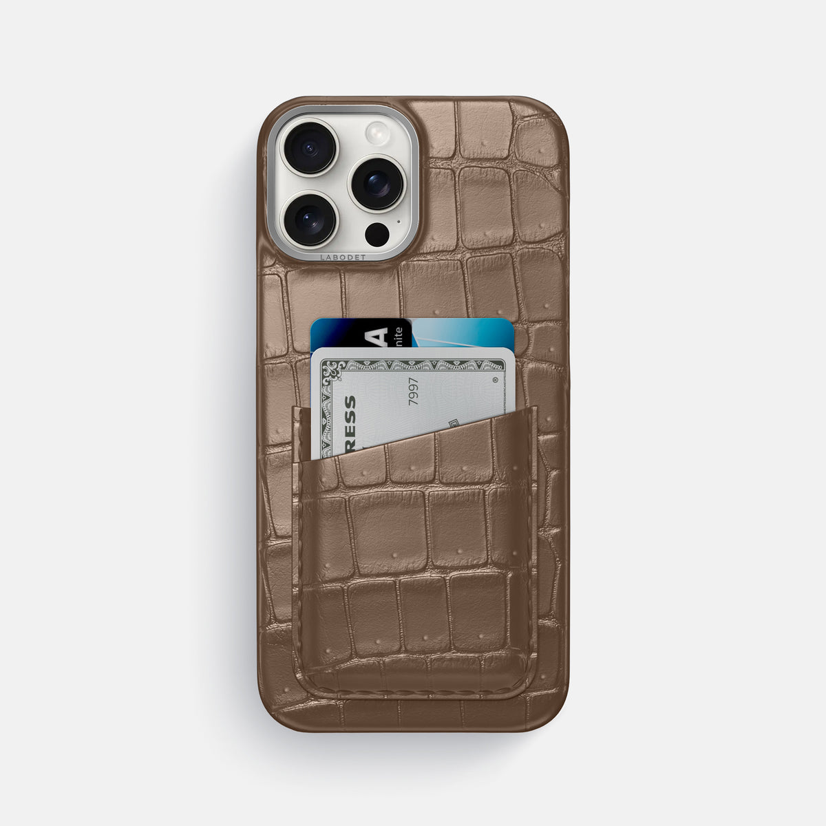 Fur-Brown iPhone 16 Pro Max Double Card Case Porosus Crocodile with Steel Metal -1 | Fur-Brown-Steel