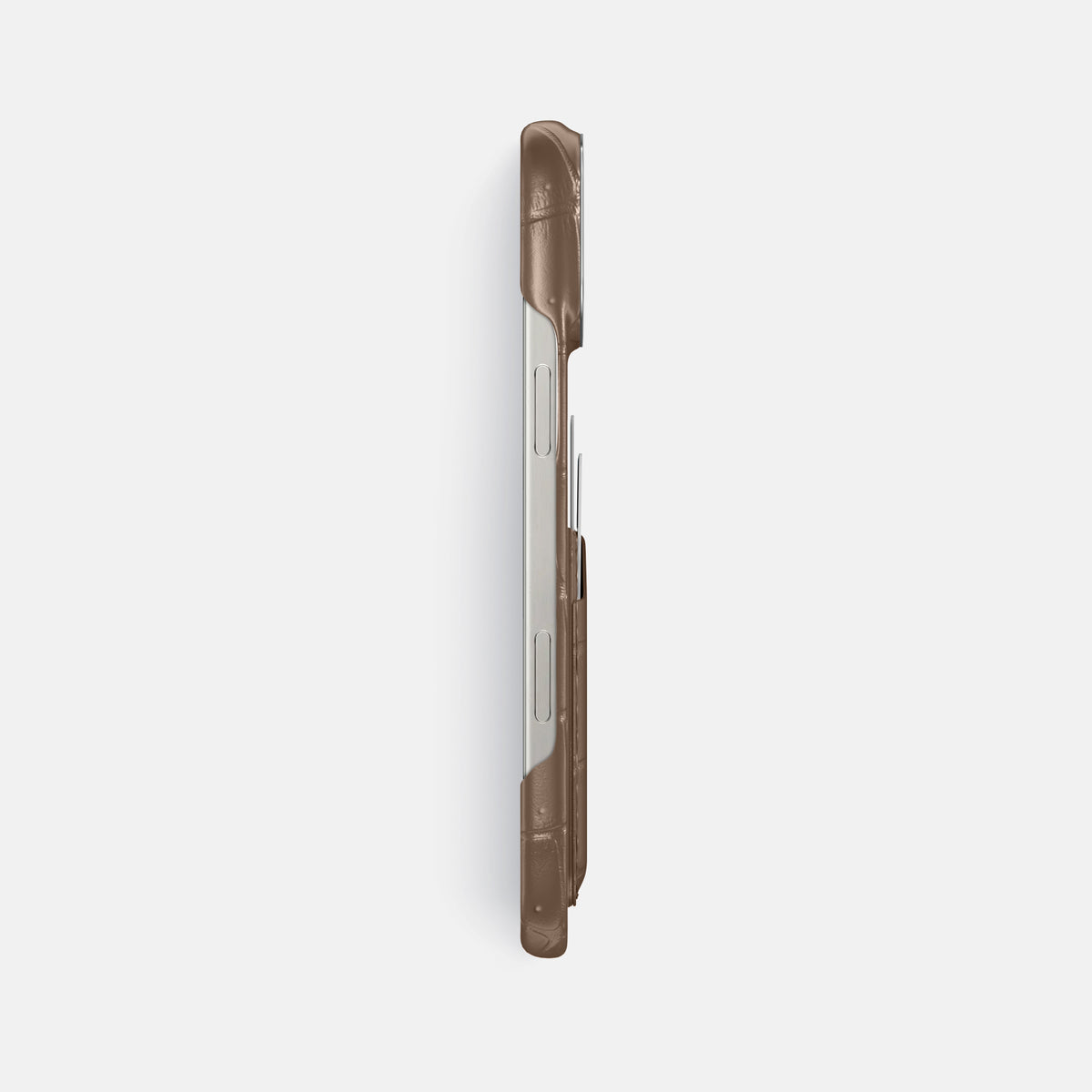 Fur-Brown iPhone 16 Pro Max Double Card Case Porosus Crocodile with Steel Metal -3 | Fur-Brown-Steel
