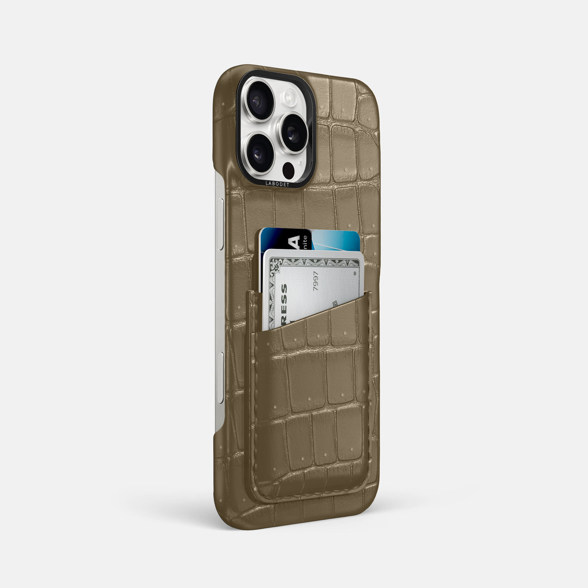 Kaki-Green iPhone 16 Pro Max Double Card Case Porosus Crocodile with Black Metal -2 | Kaki-Green-Black