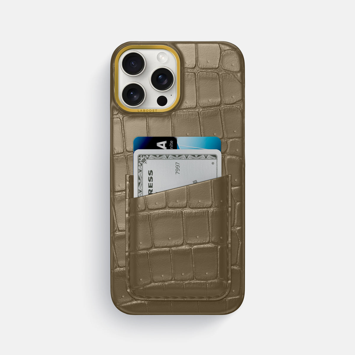 Kaki-Green iPhone 16 Pro Max Double Card Case Porosus Crocodile with Gold Metal -1 | Kaki-Green-Gold