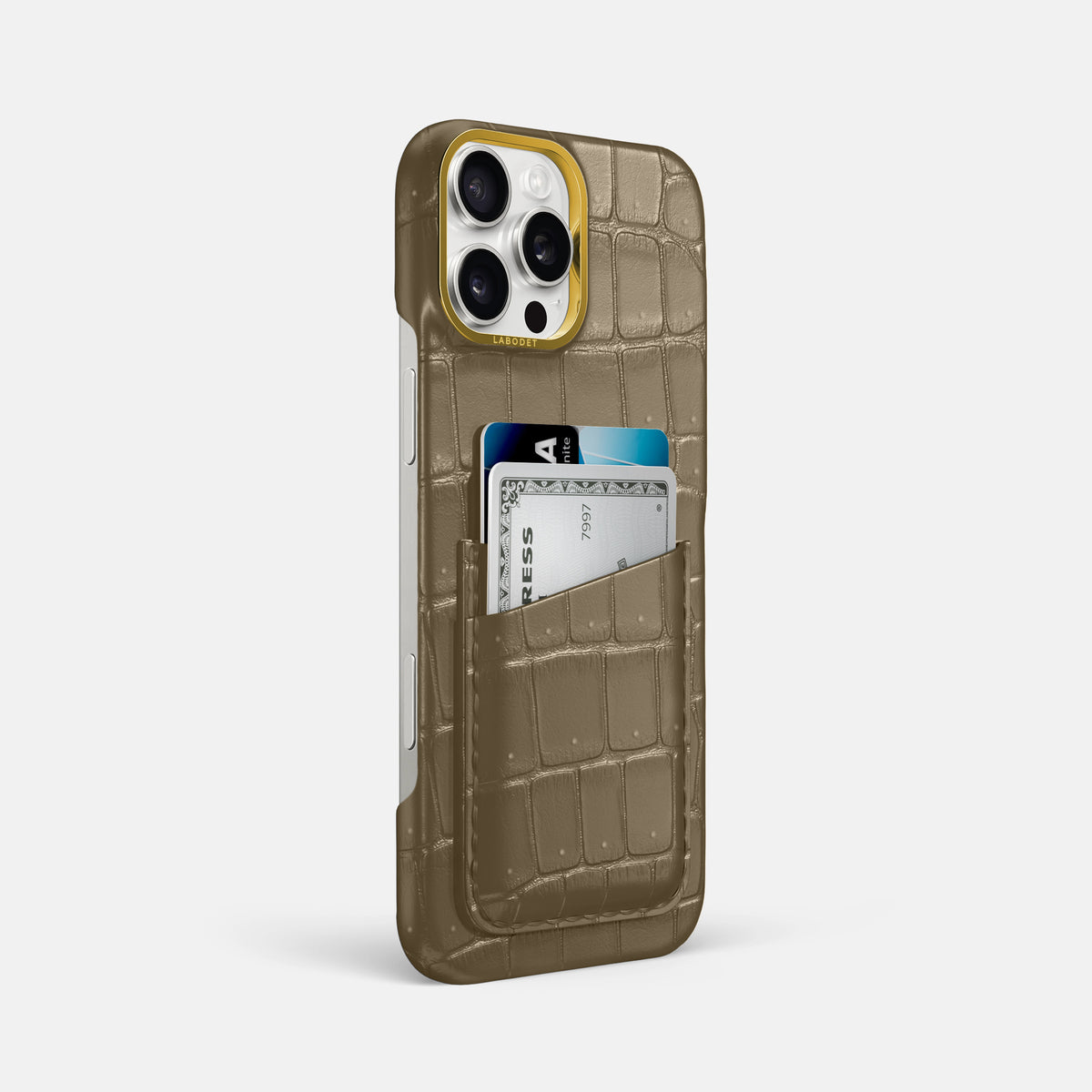 Kaki-Green iPhone 16 Pro Max Double Card Case Porosus Crocodile with Gold Metal -2 | Kaki-Green-Gold