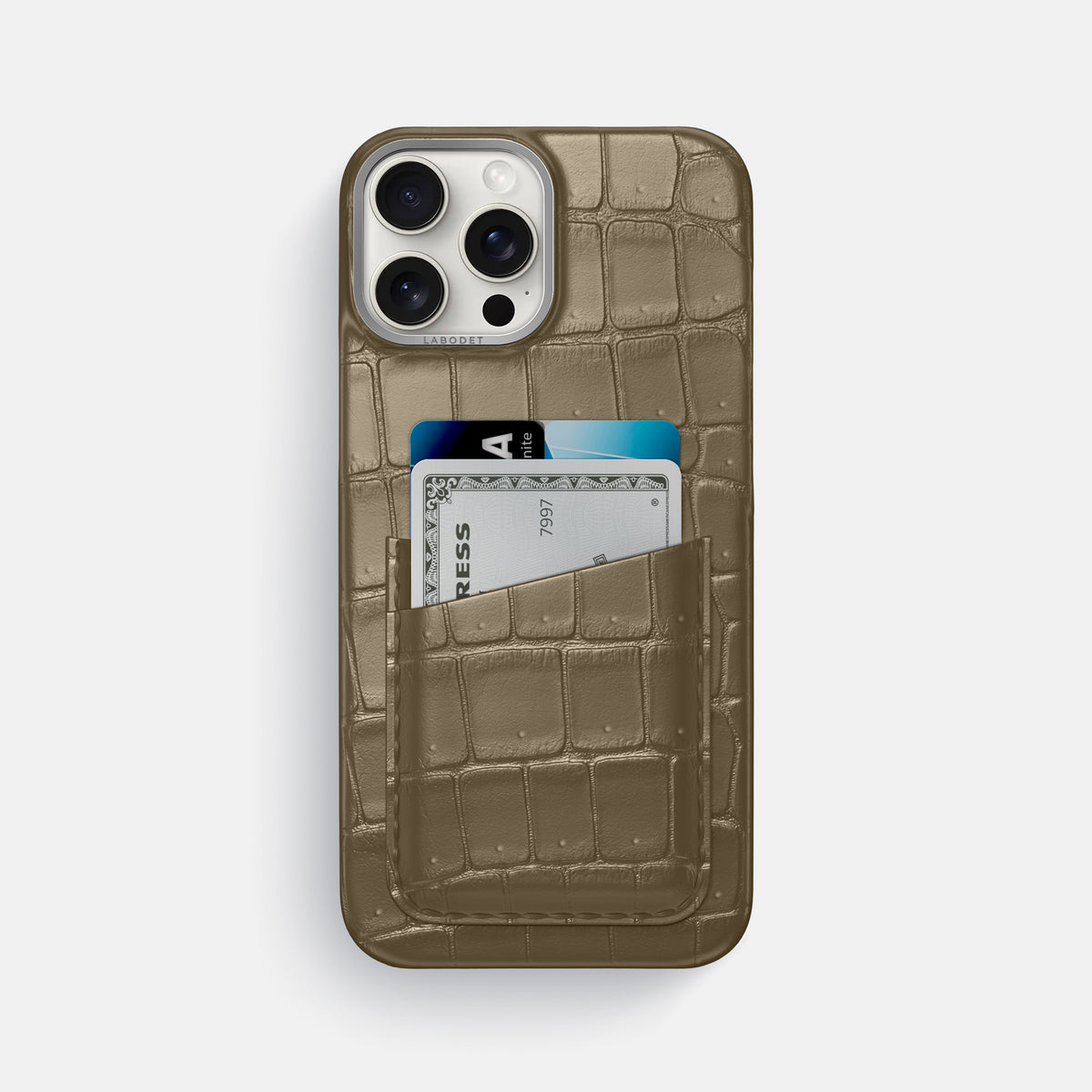 Kaki-Green iPhone 16 Pro Max Double Card Case Porosus Crocodile with Steel Metal -1 | Kaki-Green-Steel