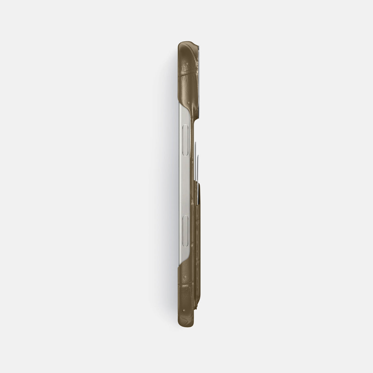 Kaki-Green iPhone 16 Pro Max Double Card Case Porosus Crocodile with Steel Metal -3 | Kaki-Green-Steel