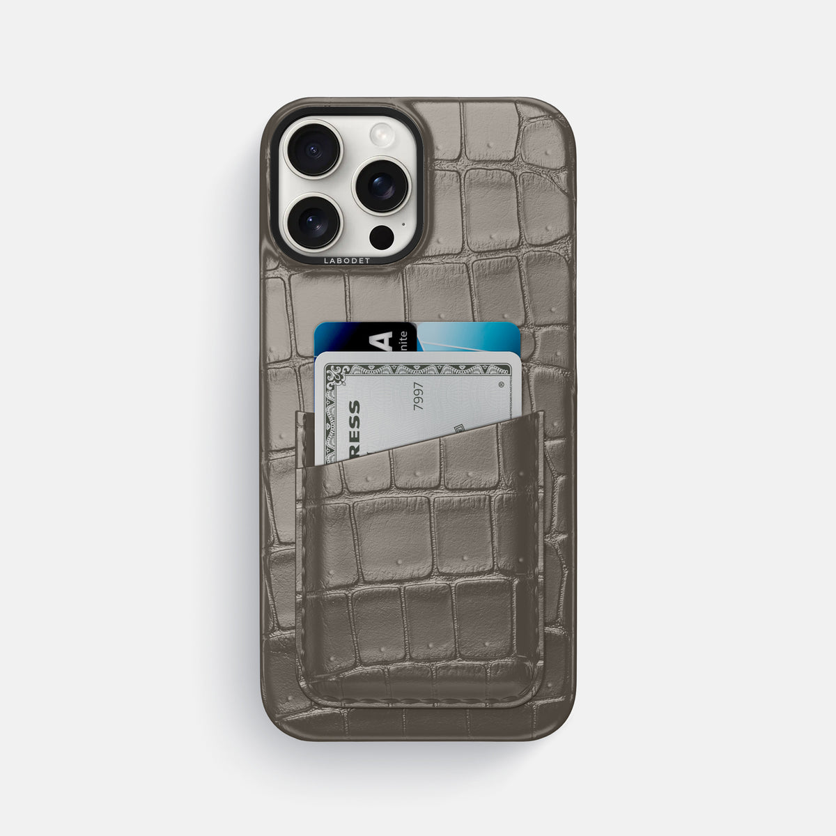 Lava-Stone iPhone 16 Pro Max Double Card Case Porosus Crocodile with Black Metal -1 | Lava-Stone-Black