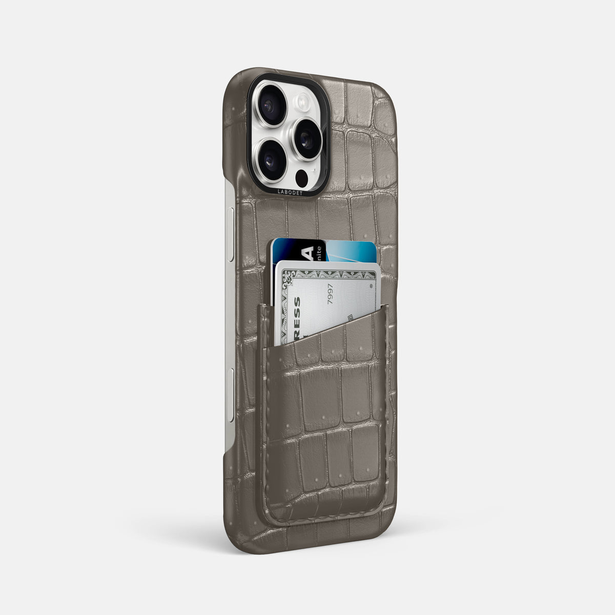 Lava-Stone iPhone 16 Pro Max Double Card Case Porosus Crocodile with Black Metal -2 | Lava-Stone-Black