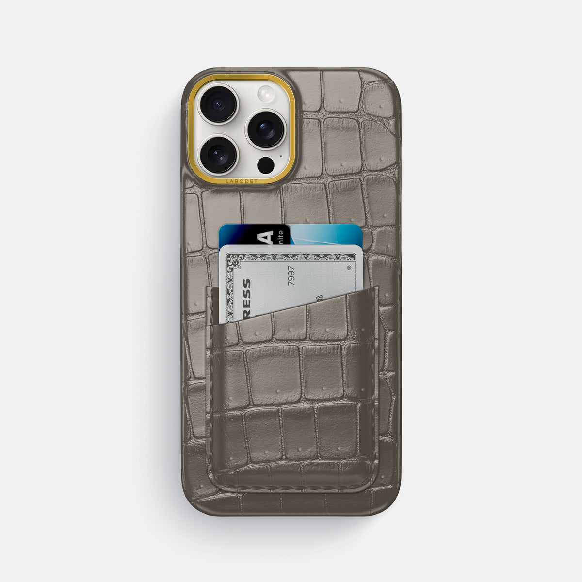 Lava-Stone iPhone 16 Pro Max Double Card Case Porosus Crocodile with Gold Metal -1 | Lava-Stone-Gold