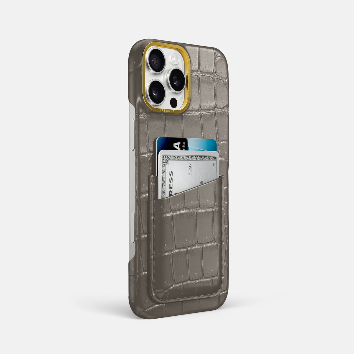 Lava-Stone iPhone 16 Pro Max Double Card Case Porosus Crocodile with Gold Metal -2 | Lava-Stone-Gold
