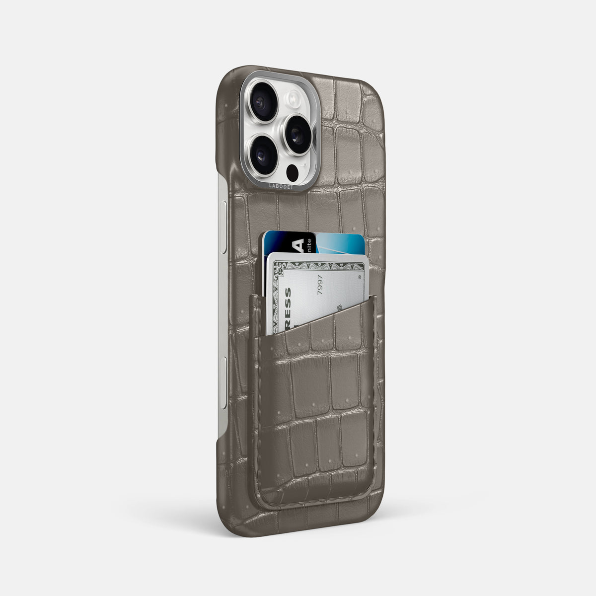 Lava-Stone iPhone 16 Pro Max Double Card Case Porosus Crocodile with Steel Metal -2 | Lava-Stone-Steel