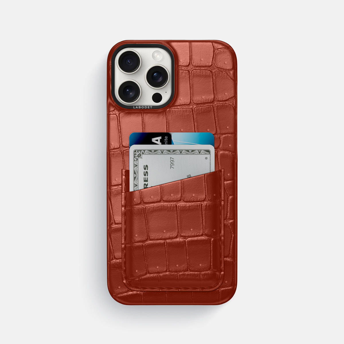 Mahogany-Brown iPhone 16 Pro Max Double Card Case Porosus Crocodile with Black Metal -1 | Mahogany-Brown-Black
