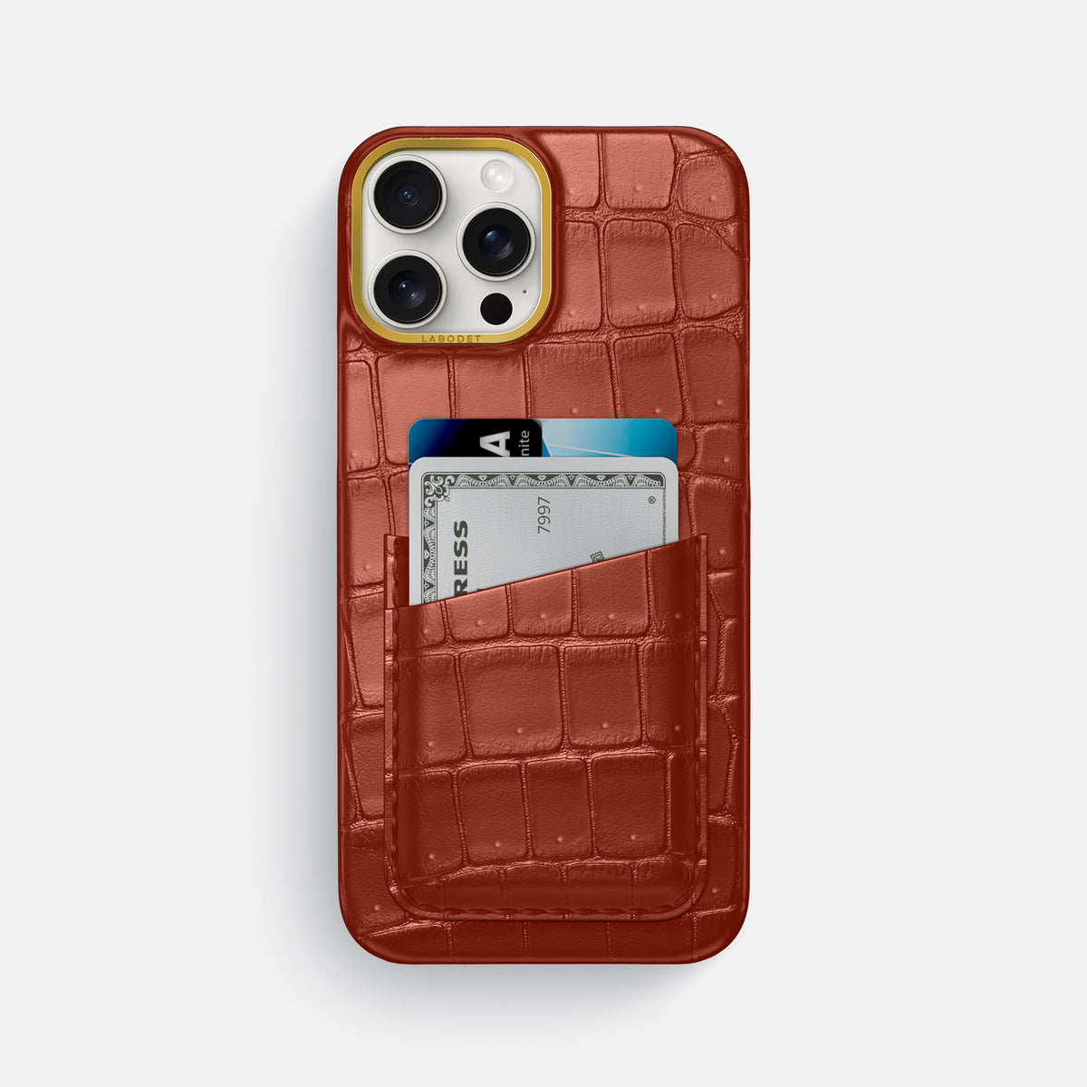 Mahogany-Brown iPhone 16 Pro Max Double Card Case Porosus Crocodile with Gold Metal -1 | Mahogany-Brown-Gold