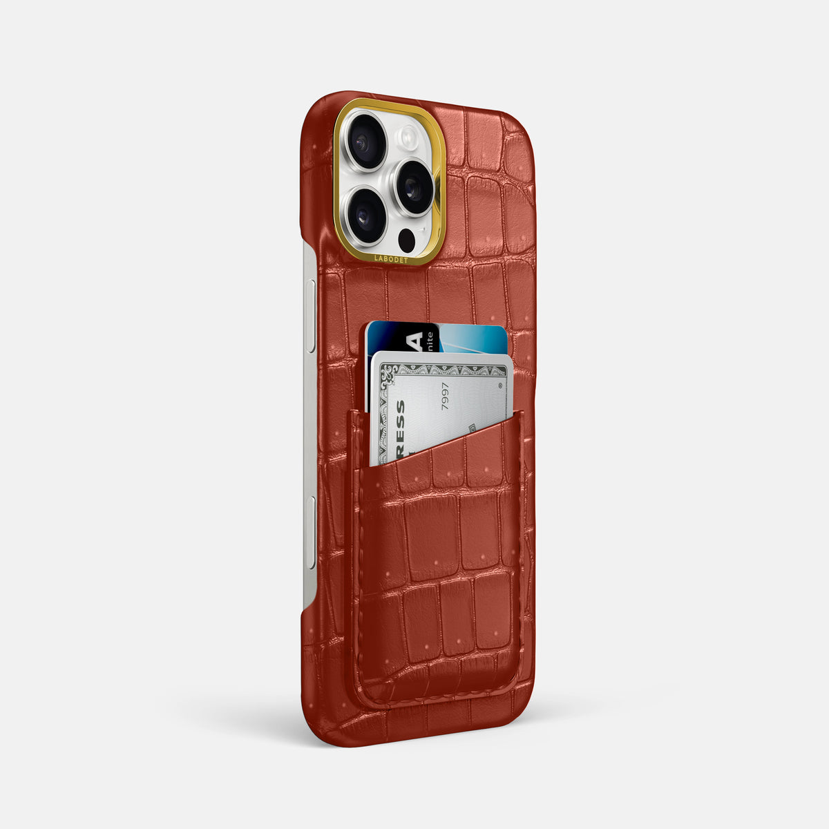Mahogany-Brown iPhone 16 Pro Max Double Card Case Porosus Crocodile with Gold Metal -2 | Mahogany-Brown-Gold