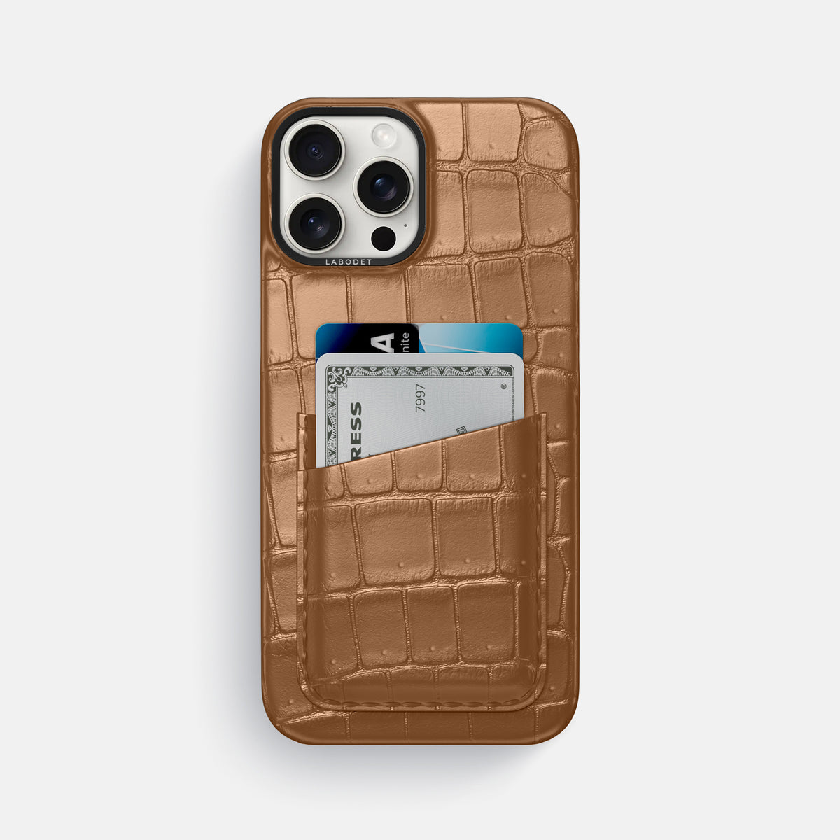 Milk-Chocolate iPhone 16 Pro Max Double Card Case Porosus Crocodile with Black Metal -1 | Milk-Chocolate-Black