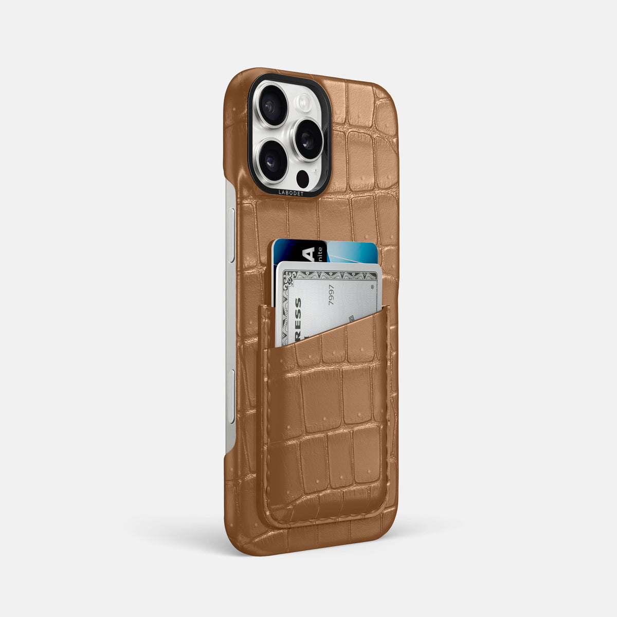 Milk-Chocolate iPhone 16 Pro Max Double Card Case Porosus Crocodile with Black Metal -2 | Milk-Chocolate-Black