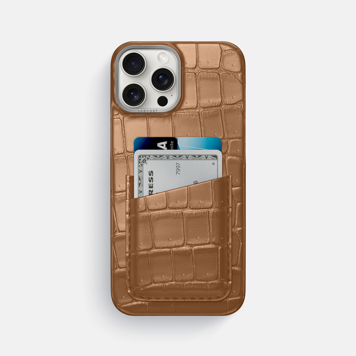 Milk-Chocolate iPhone 16 Pro Max Double Card Case Porosus Crocodile with Steel Metal -1 | Milk-Chocolate-Steel