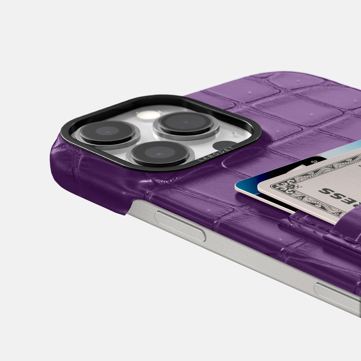 Purple iPhone 16 Pro Max Double Card Case Porosus Crocodile with Black Metal -5 | Purple-Black