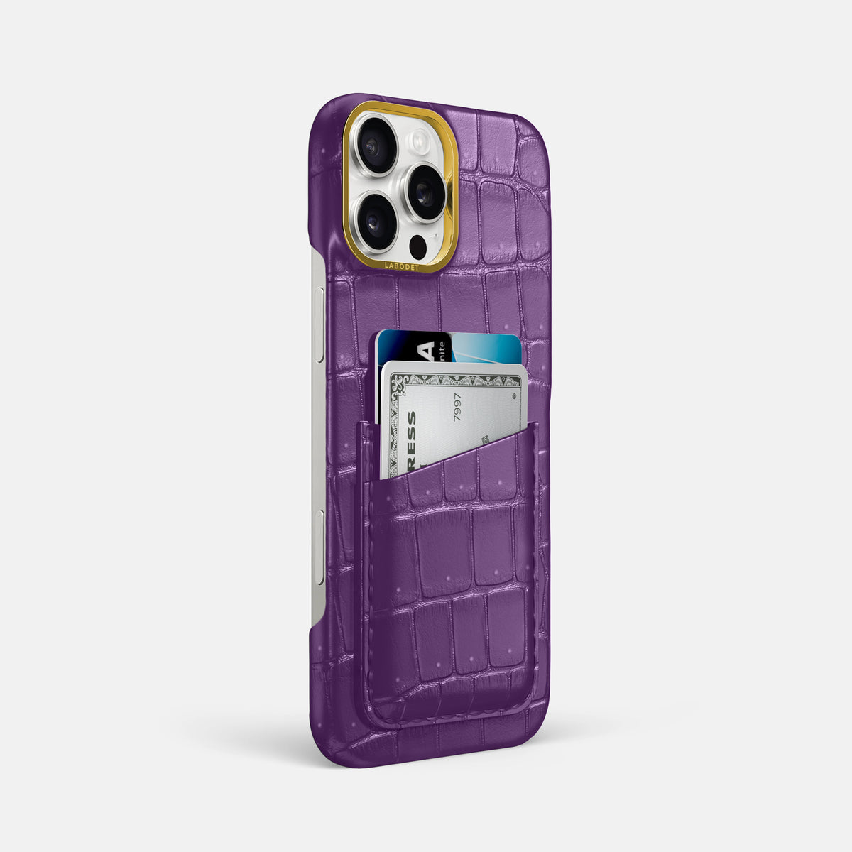 Purple iPhone 16 Pro Max Double Card Case Porosus Crocodile with Gold Metal -2 | Purple-Gold