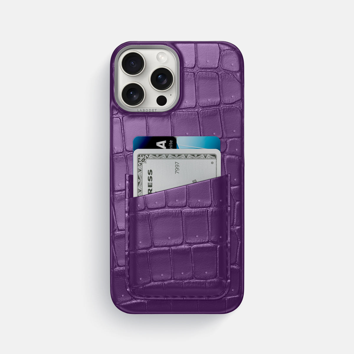 Purple iPhone 16 Pro Max Double Card Case Porosus Crocodile with Steel Metal -1 | Purple-Steel