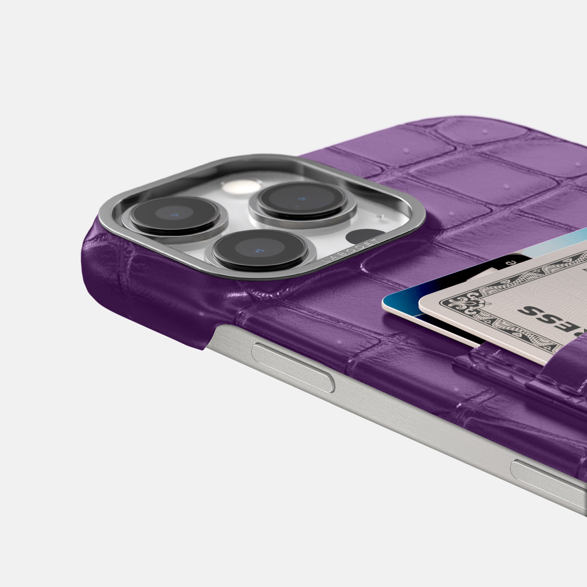 Purple iPhone 16 Pro Max Double Card Case Porosus Crocodile with Steel Metal -5 | Purple-Steel