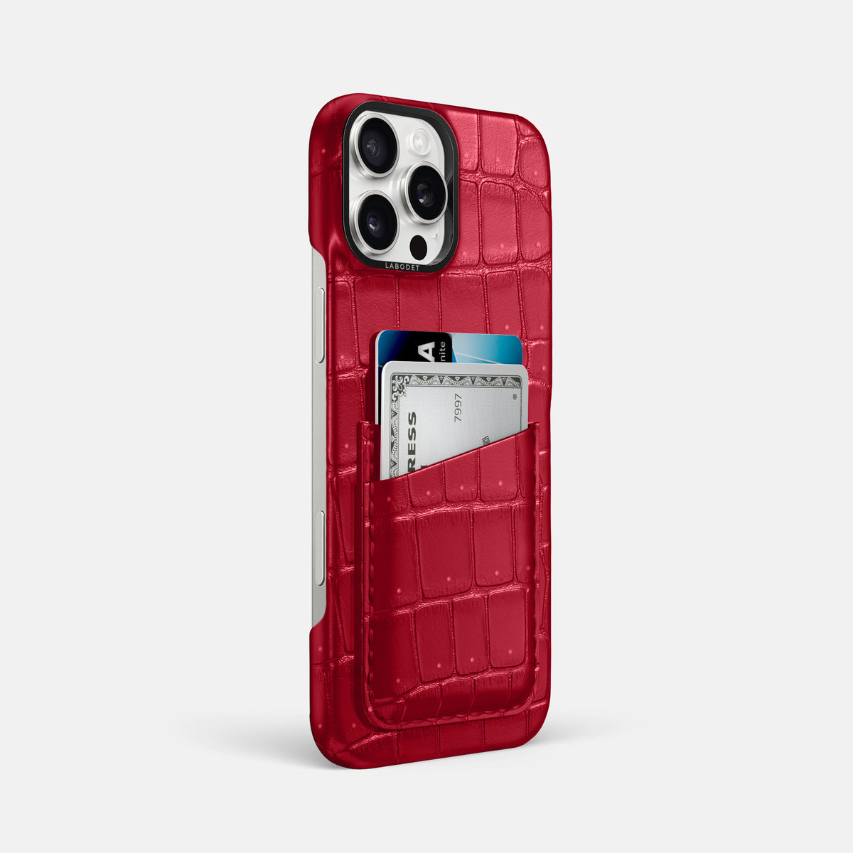 Burgundy iPhone 16 Pro Max Double Card Case Porosus Crocodile with Black Metal -2 | Burgundy-Black