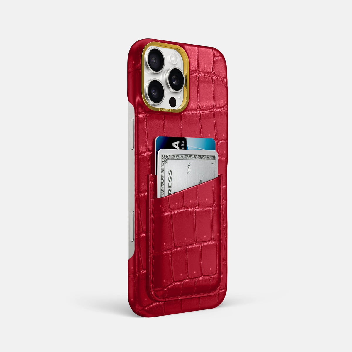 Burgundy iPhone 16 Pro Max Double Card Case Porosus Crocodile with Gold Metal -2 | Burgundy-Gold