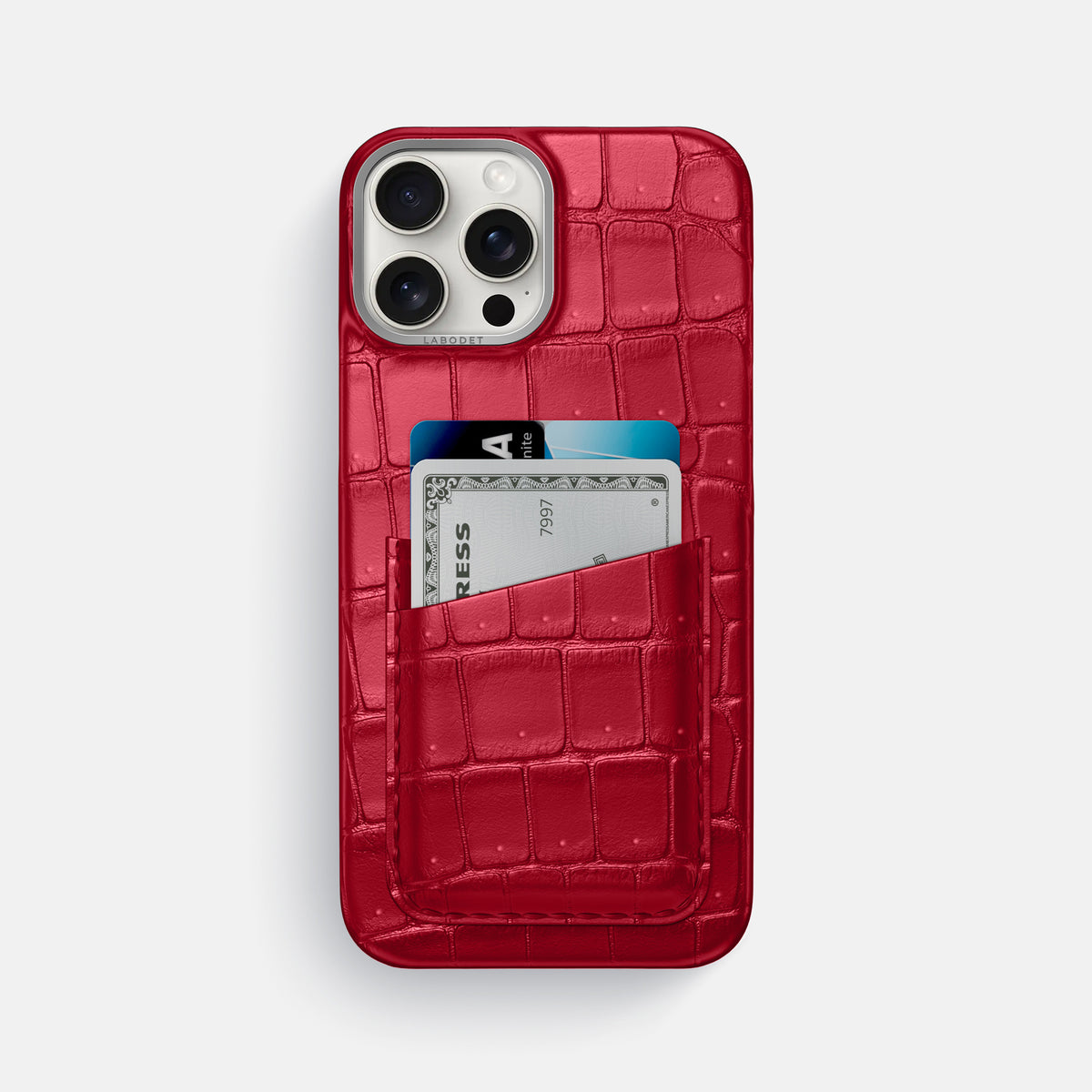 Burgundy iPhone 16 Pro Max Double Card Case Porosus Crocodile with Steel Metal -1 | Burgundy-Steel