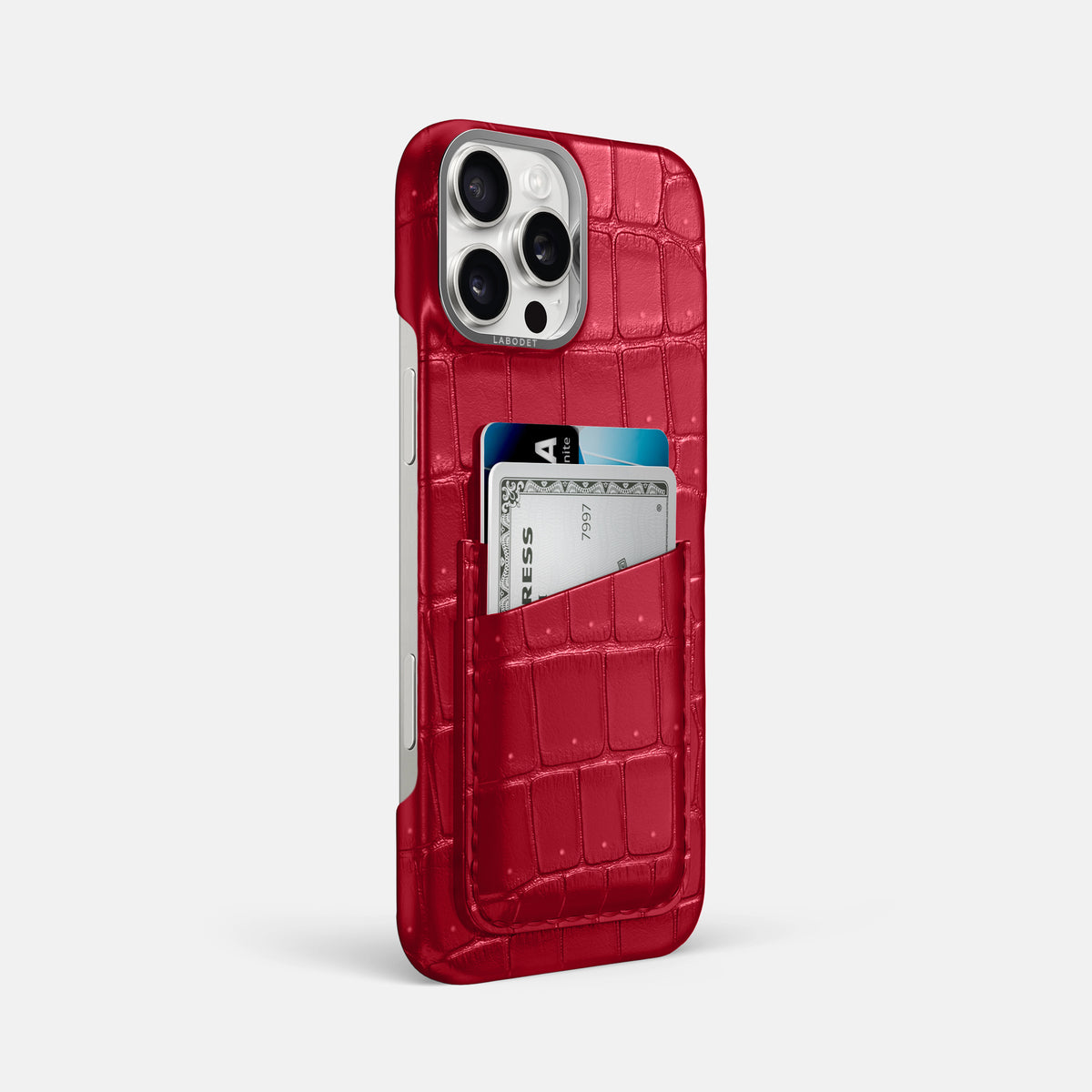 Burgundy iPhone 16 Pro Max Double Card Case Porosus Crocodile with Steel Metal -2 | Burgundy-Steel