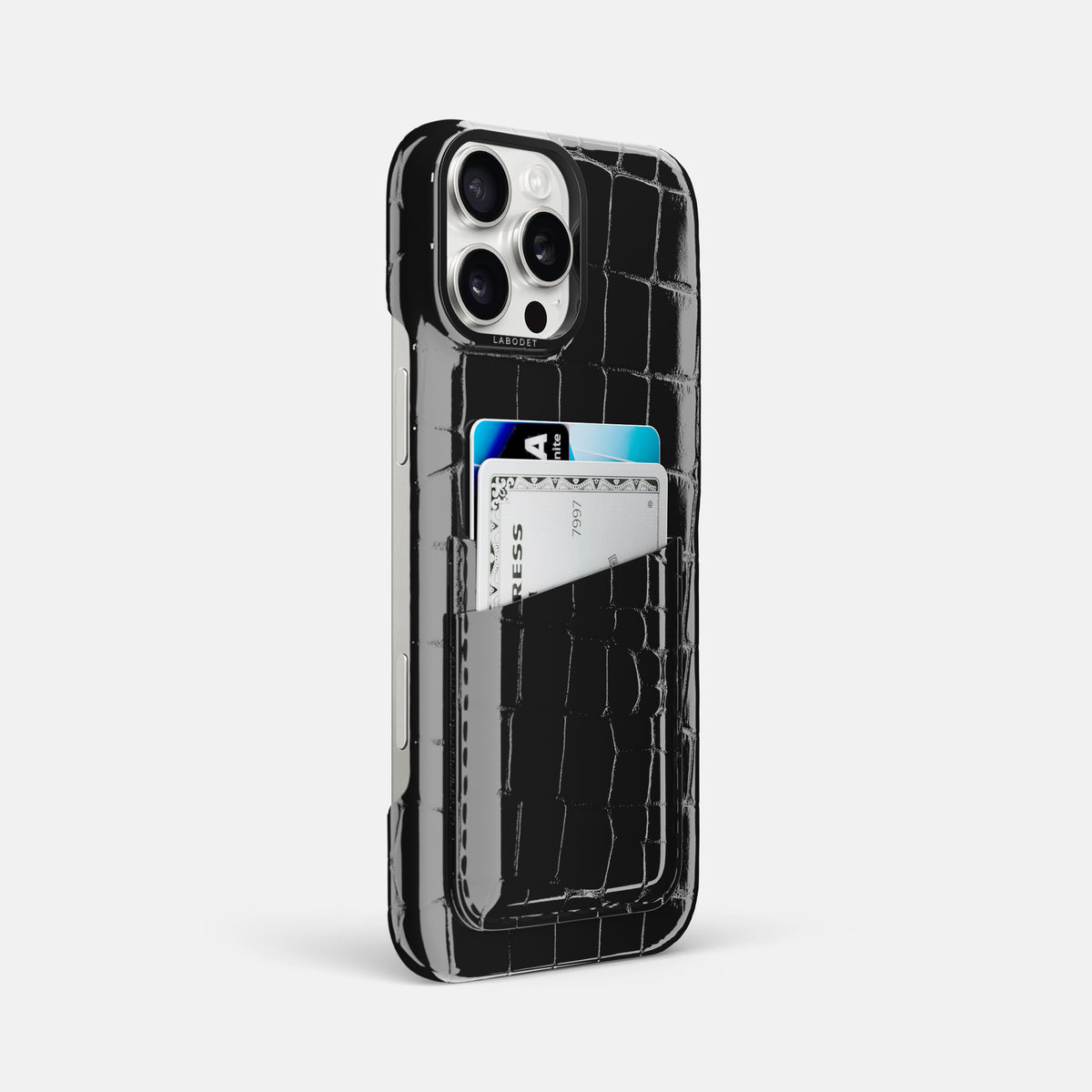 Black iPhone 16 Pro Max Double Card Case Shiny Alligator with Black Metal -2 | Black-Black