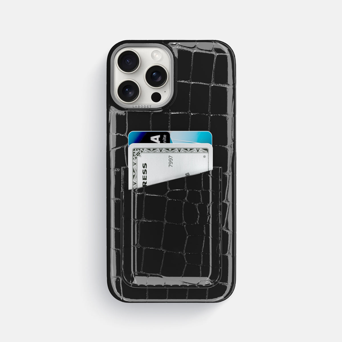 Black iPhone 16 Pro Max Double Card Case Shiny Alligator with Steel Metal -1 | Black-Steel