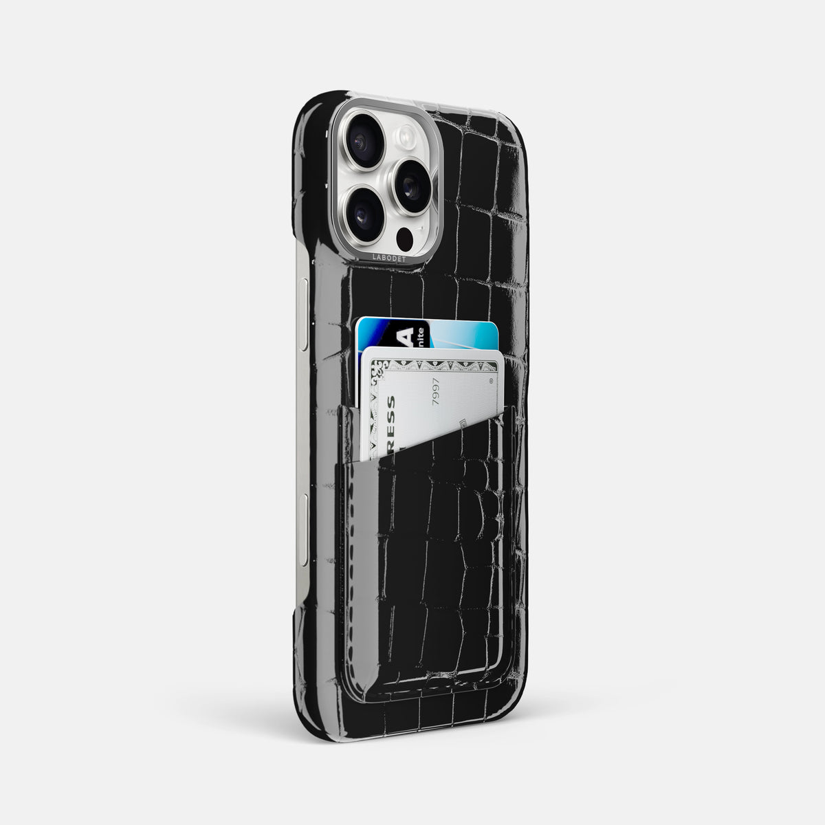 Black iPhone 16 Pro Max Double Card Case Shiny Alligator with Steel Metal -2 | Black-Steel