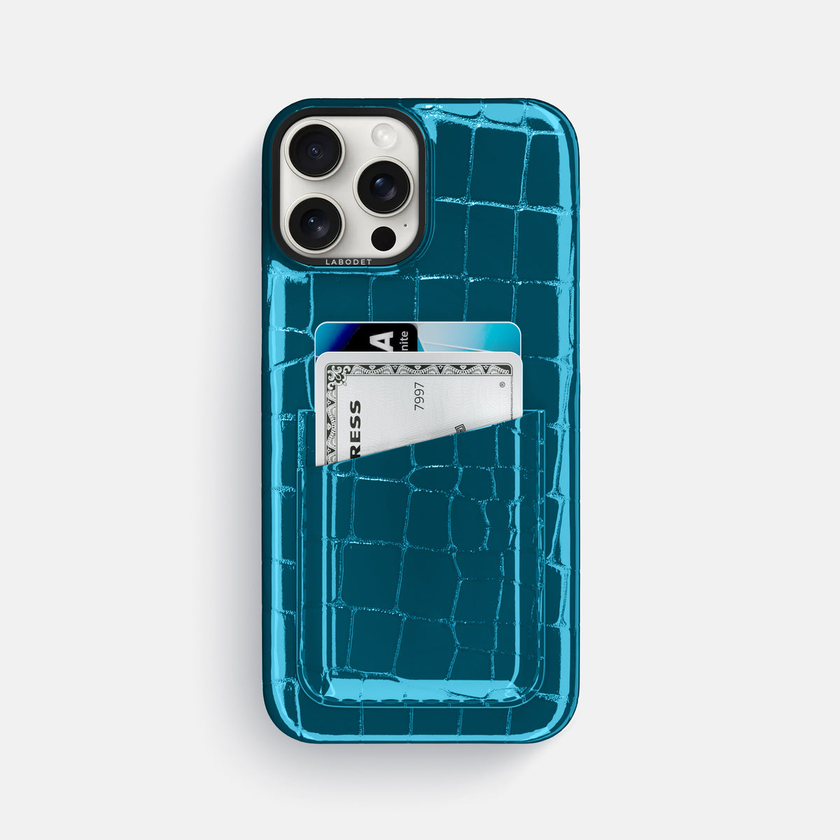Blue iPhone 16 Pro Max Double Card Case Shiny Alligator with Black Metal -1 | Blue-Black