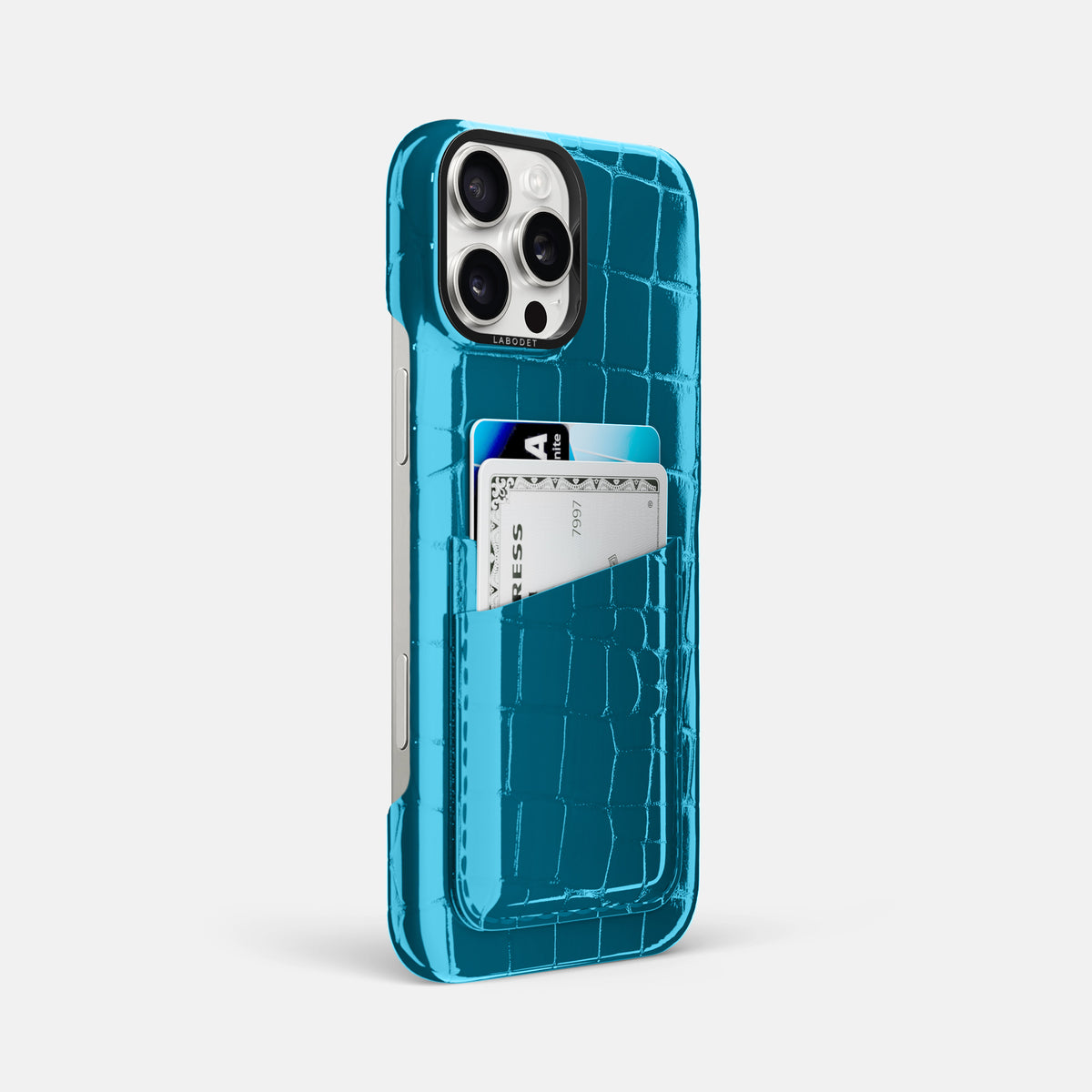 Blue iPhone 16 Pro Max Double Card Case Shiny Alligator with Black Metal -2 | Blue-Black
