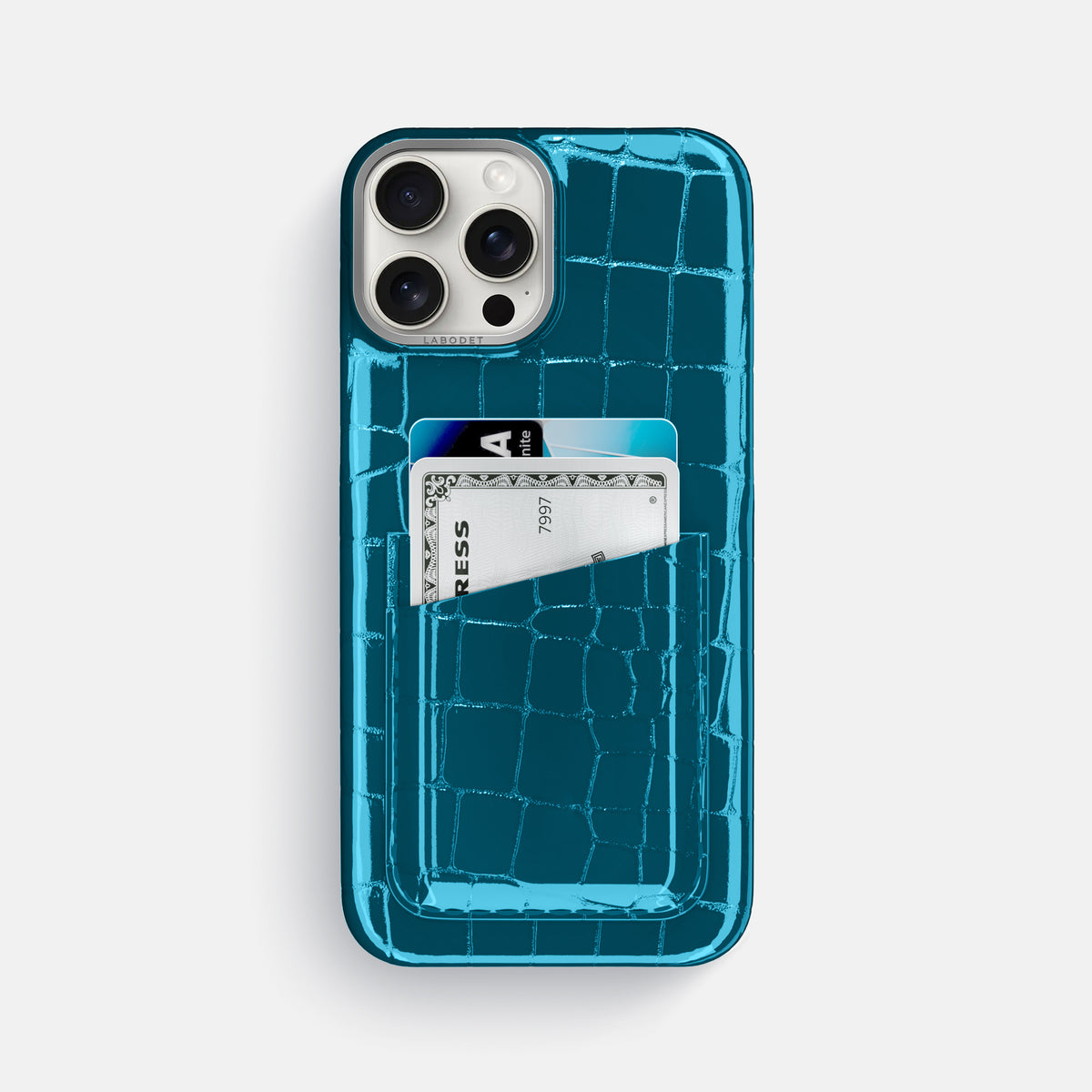 Blue iPhone 16 Pro Max Double Card Case Shiny Alligator with Steel Metal -1 | Blue-Steel