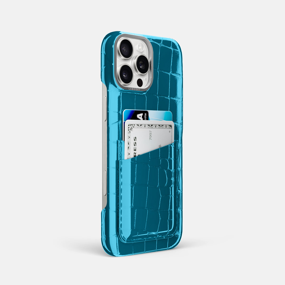 Blue iPhone 16 Pro Max Double Card Case Shiny Alligator with Steel Metal -2 | Blue-Steel