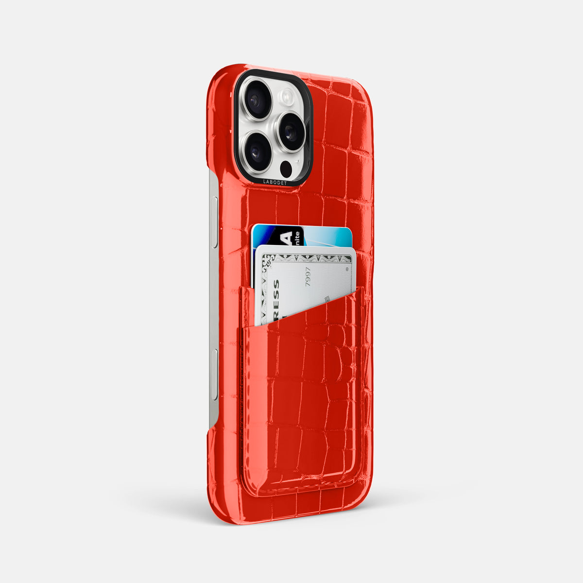 Coral-Orange iPhone 16 Pro Max Double Card Case Shiny Alligator with Black Metal -2 | Coral-Orange-Black
