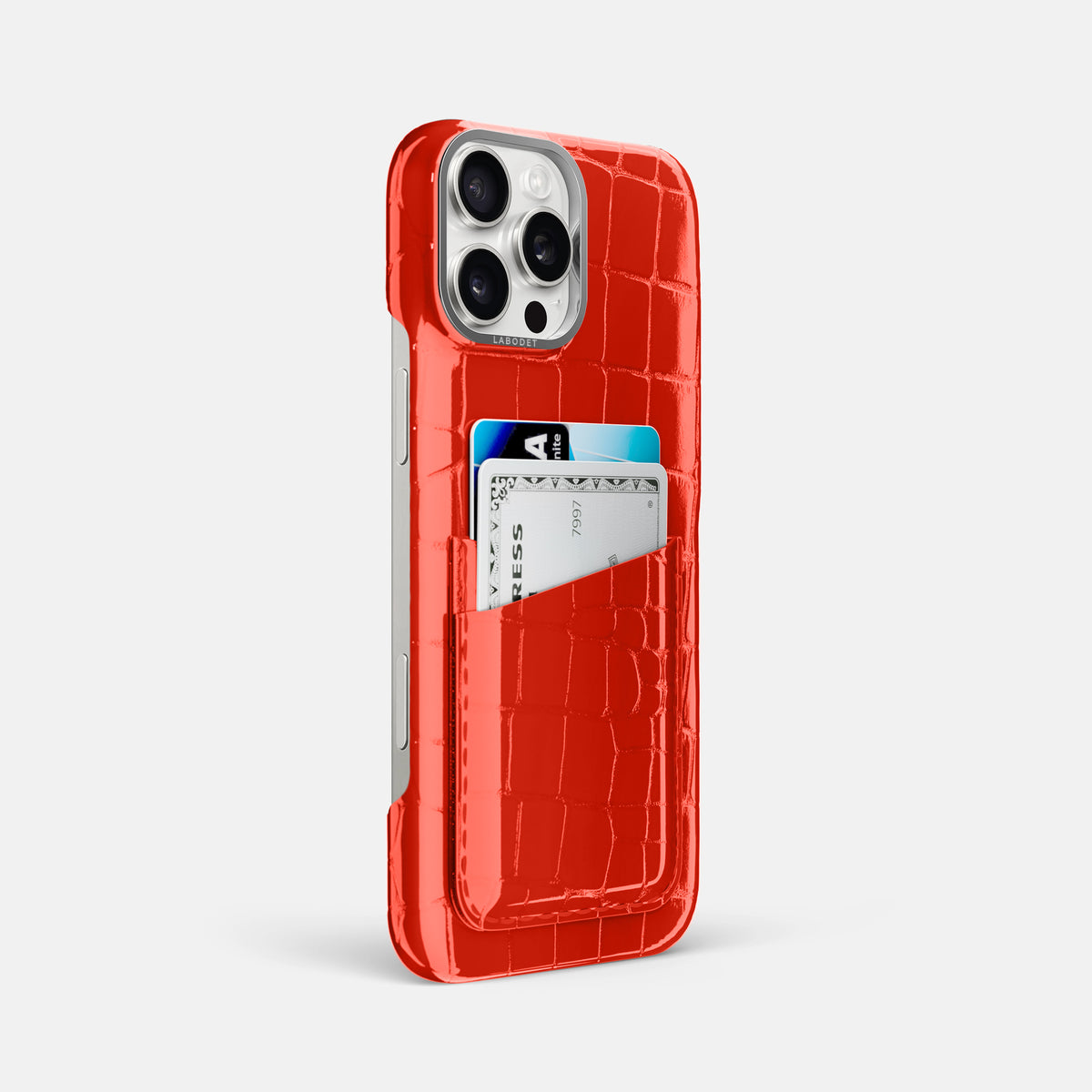 Coral-Orange iPhone 16 Pro Max Double Card Case Shiny Alligator with Steel Metal -2 | Coral-Orange-Steel