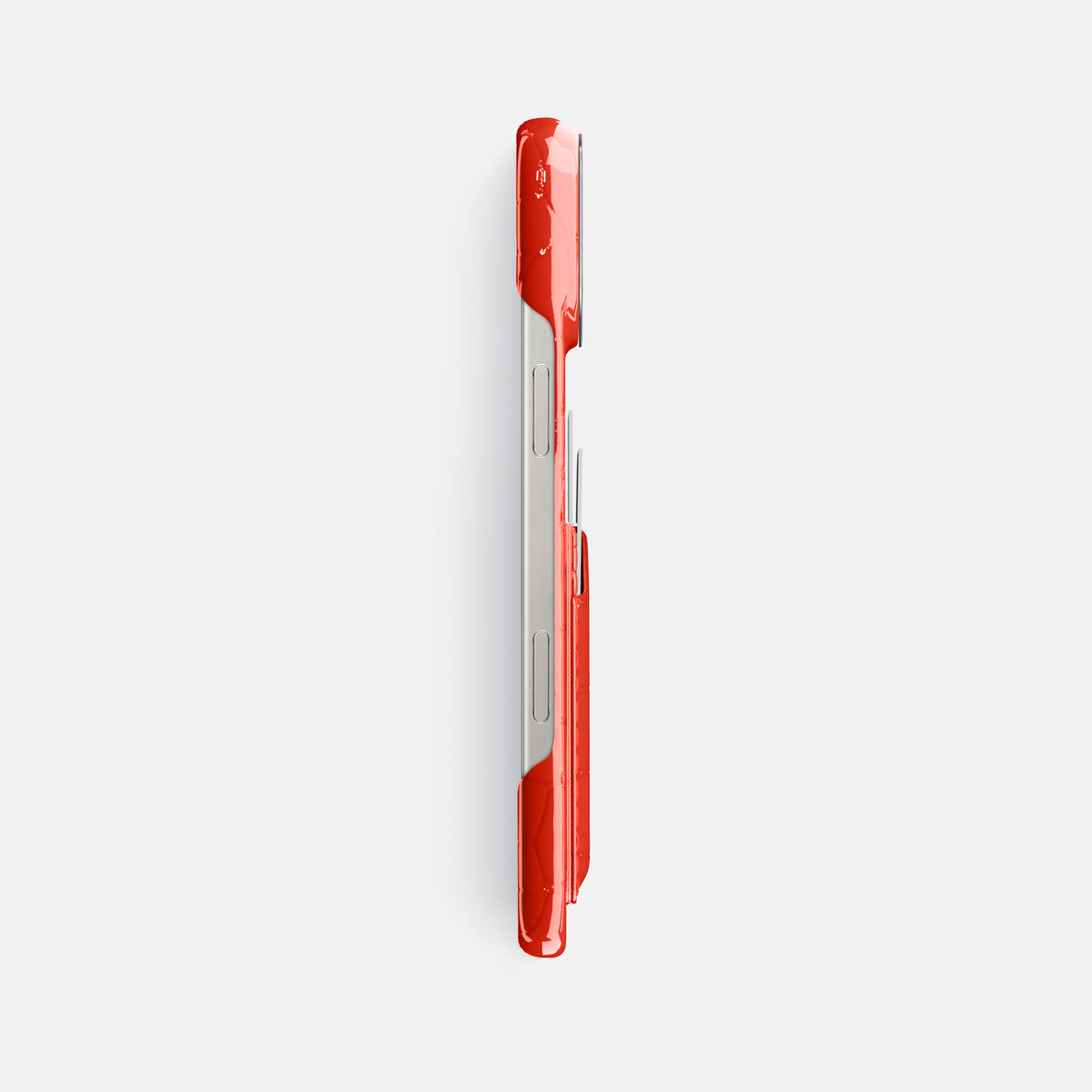 Coral-Orange iPhone 16 Pro Max Double Card Case Shiny Alligator with Steel Metal -3 | Coral-Orange-Steel