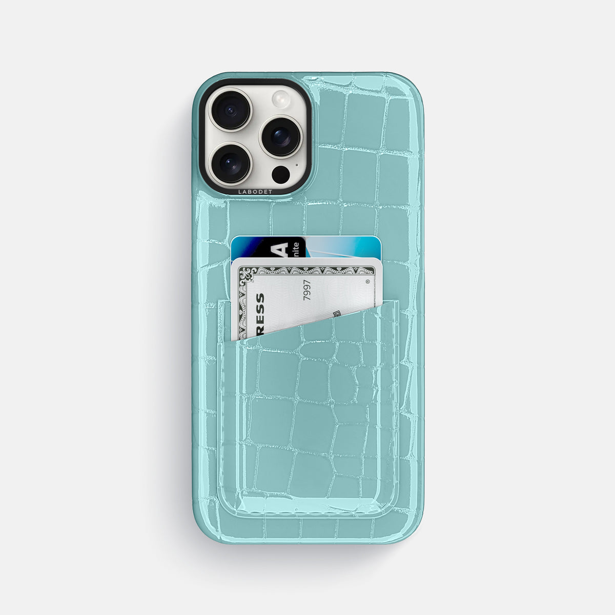 Light Blue iPhone 16 Pro Max Double Card Case Shiny Alligator with Black Metal -1 | Light-Blue-Black