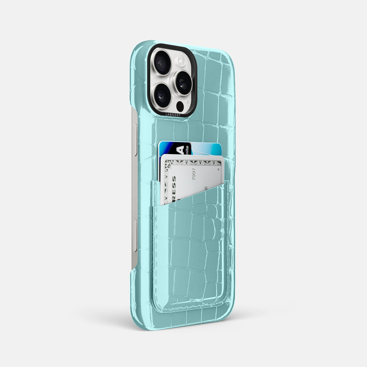Light Blue iPhone 16 Pro Max Double Card Case Shiny Alligator with Black Metal -2 | Light-Blue-Black