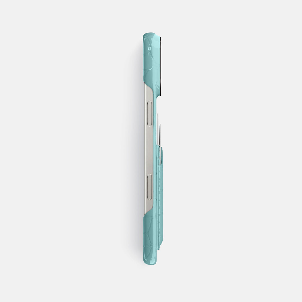 Light Blue iPhone 16 Pro Max Double Card Case Shiny Alligator with Black Metal -3 | Light-Blue-Black