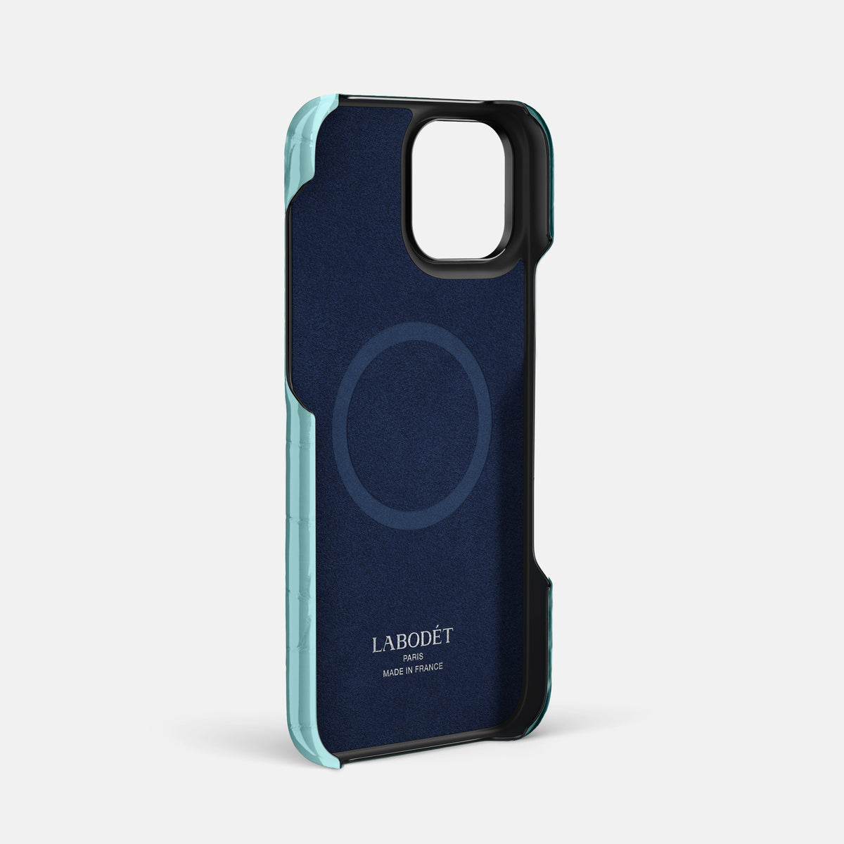 Light Blue iPhone 16 Pro Max Double Card Case Shiny Alligator with Black Metal -4 | Light-Blue-Black