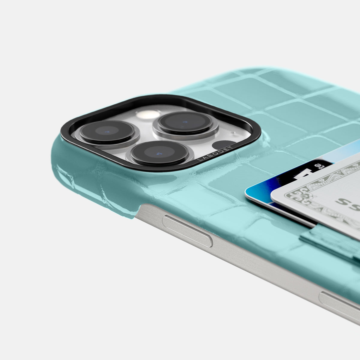 Light Blue iPhone 16 Pro Max Double Card Case Shiny Alligator with Black Metal -5 | Light-Blue-Black