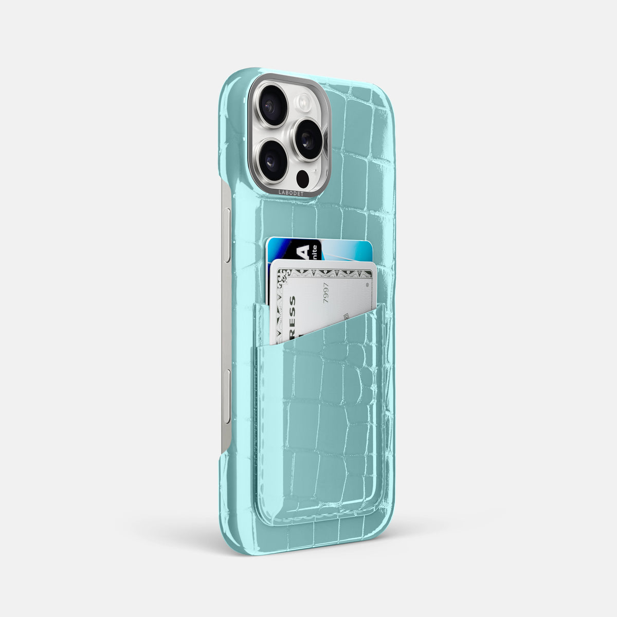 Light Blue iPhone 16 Pro Max Double Card Case Shiny Alligator with Steel Metal -2 | Light-Blue-Steel