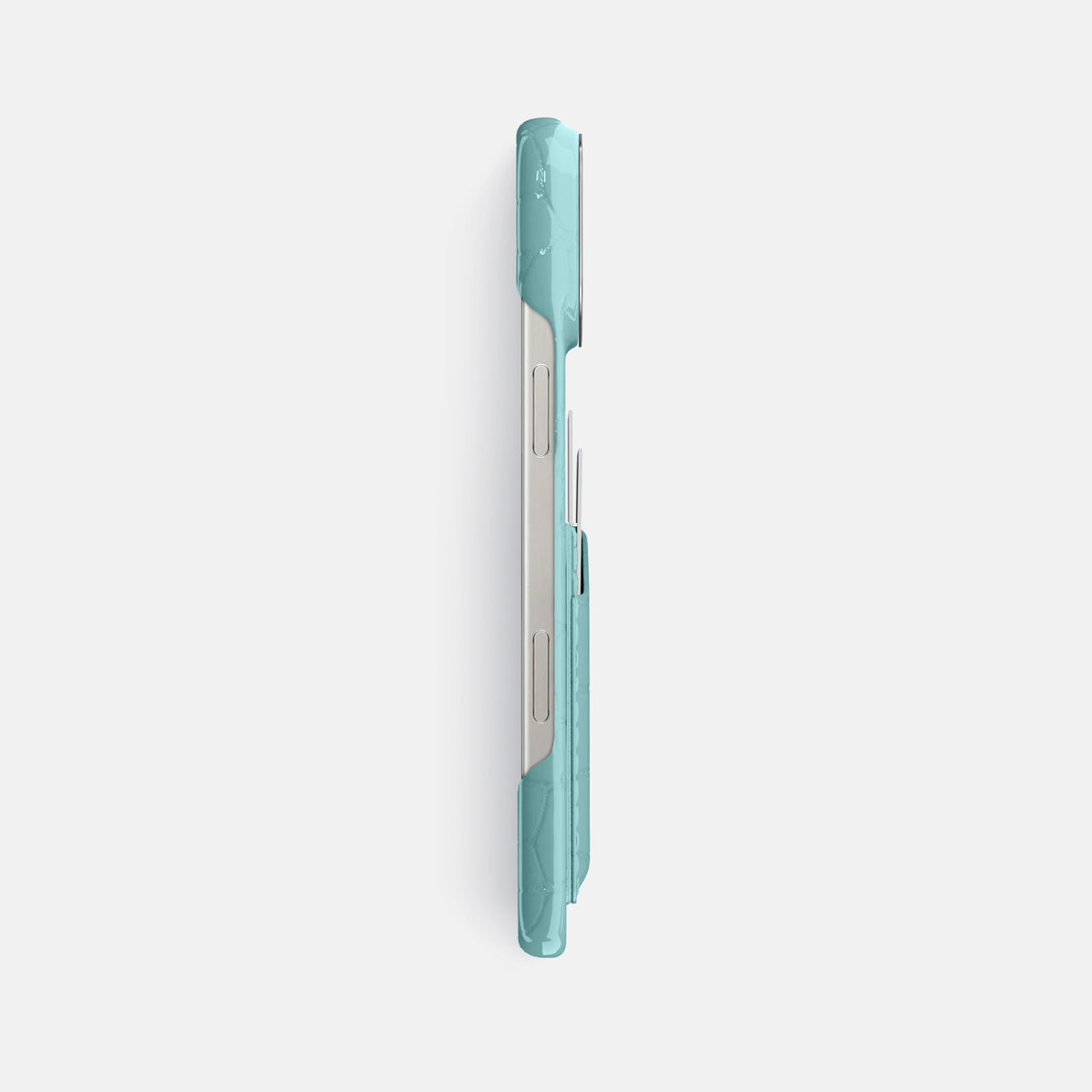 Light Blue iPhone 16 Pro Max Double Card Case Shiny Alligator with Steel Metal -3 | Light-Blue-Steel