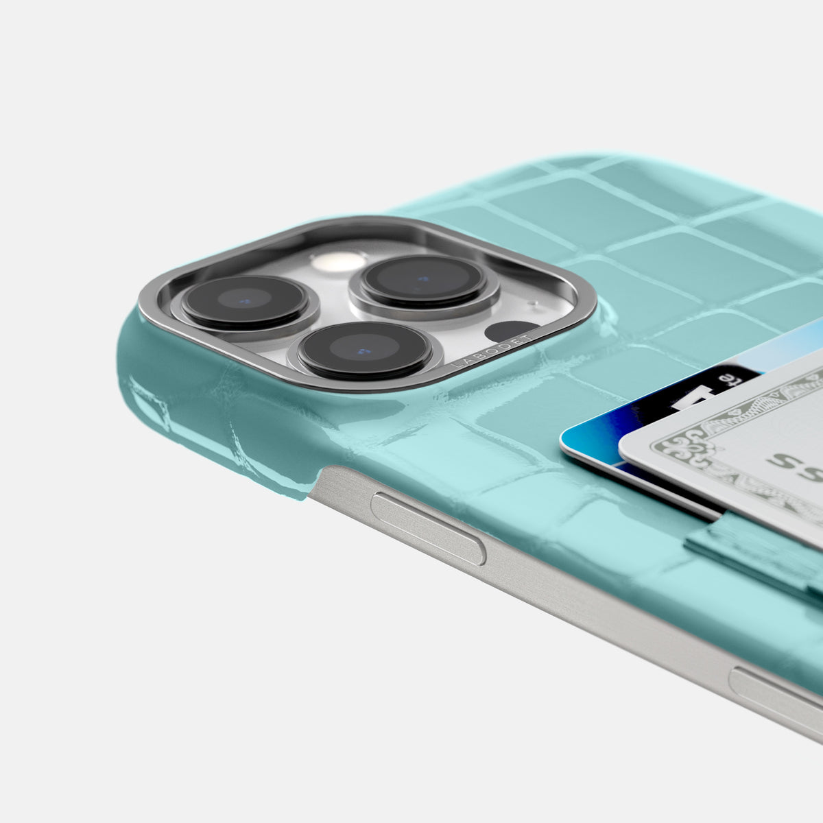 Light Blue iPhone 16 Pro Max Double Card Case Shiny Alligator with Steel Metal -5 | Light-Blue-Steel