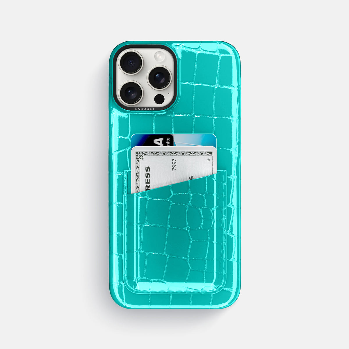 Mint iPhone 16 Pro Max Double Card Case Shiny Alligator with Black Metal -1 | Mint-Black